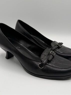 Franco Sarto Black Leather Croc Embossed Loafer Kitten Heel Pumps 6M